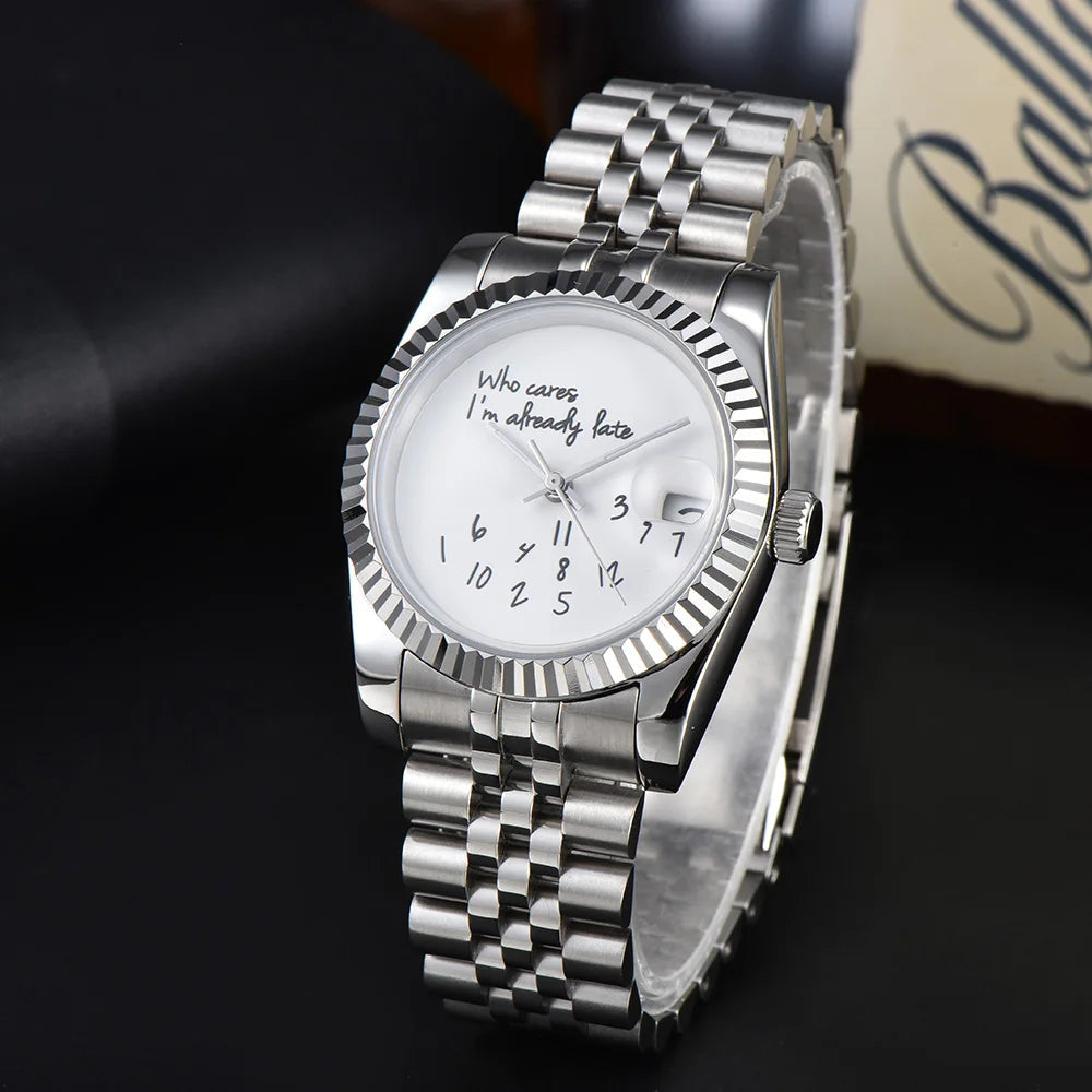 EDELSTAHL AUTOMATIK 36MM/39MM "WHO CARES I´M ALREADY LATE" UHR - ICERAIN JEWELRY