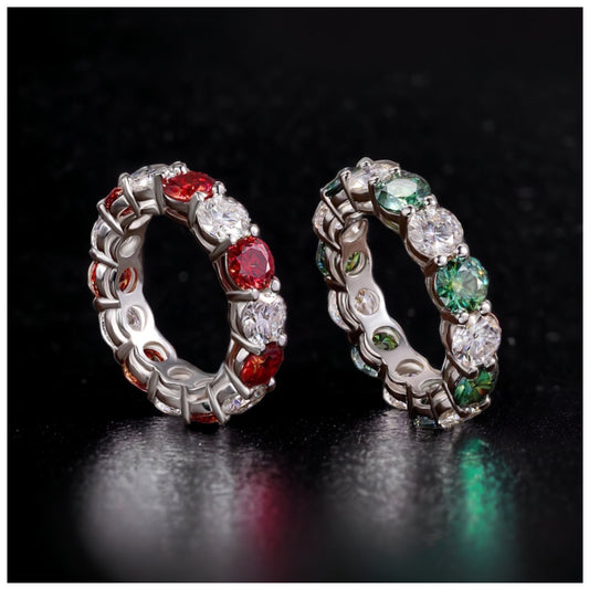 Luxus Iced Out Moissanite "Red/Green Drasilo" Whitegold 925S Silver Ringe