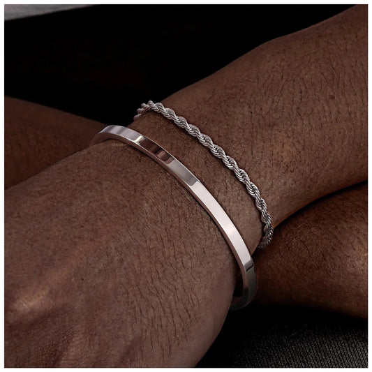 EDELSTAHL 2-IN-1 "SILVER CLASSICO ROPE" SCHMUCKSET (ARMBAND + ARMREIF) - ICERAIN JEWELRY