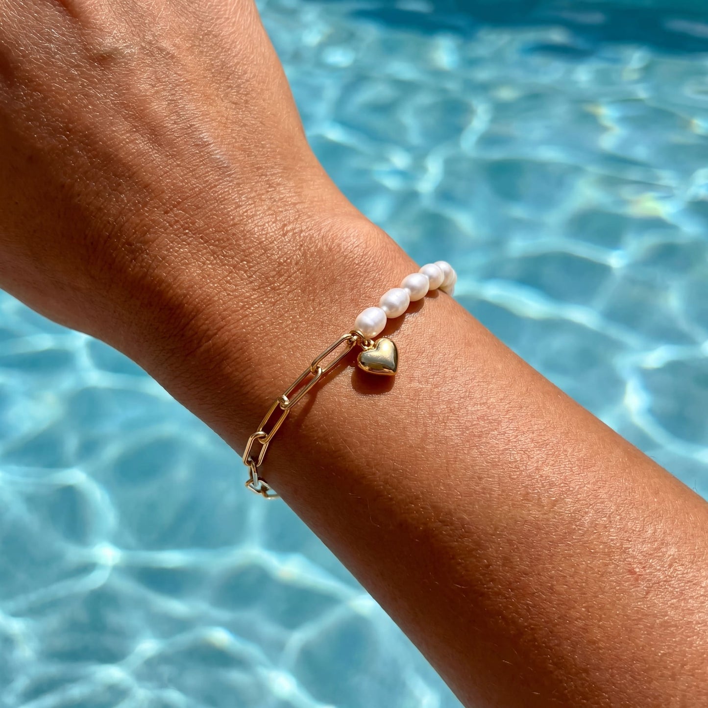925S SILVER 14K GOLD "PEARL LINK HEART" ARMBAND - ICERAIN JEWELRY