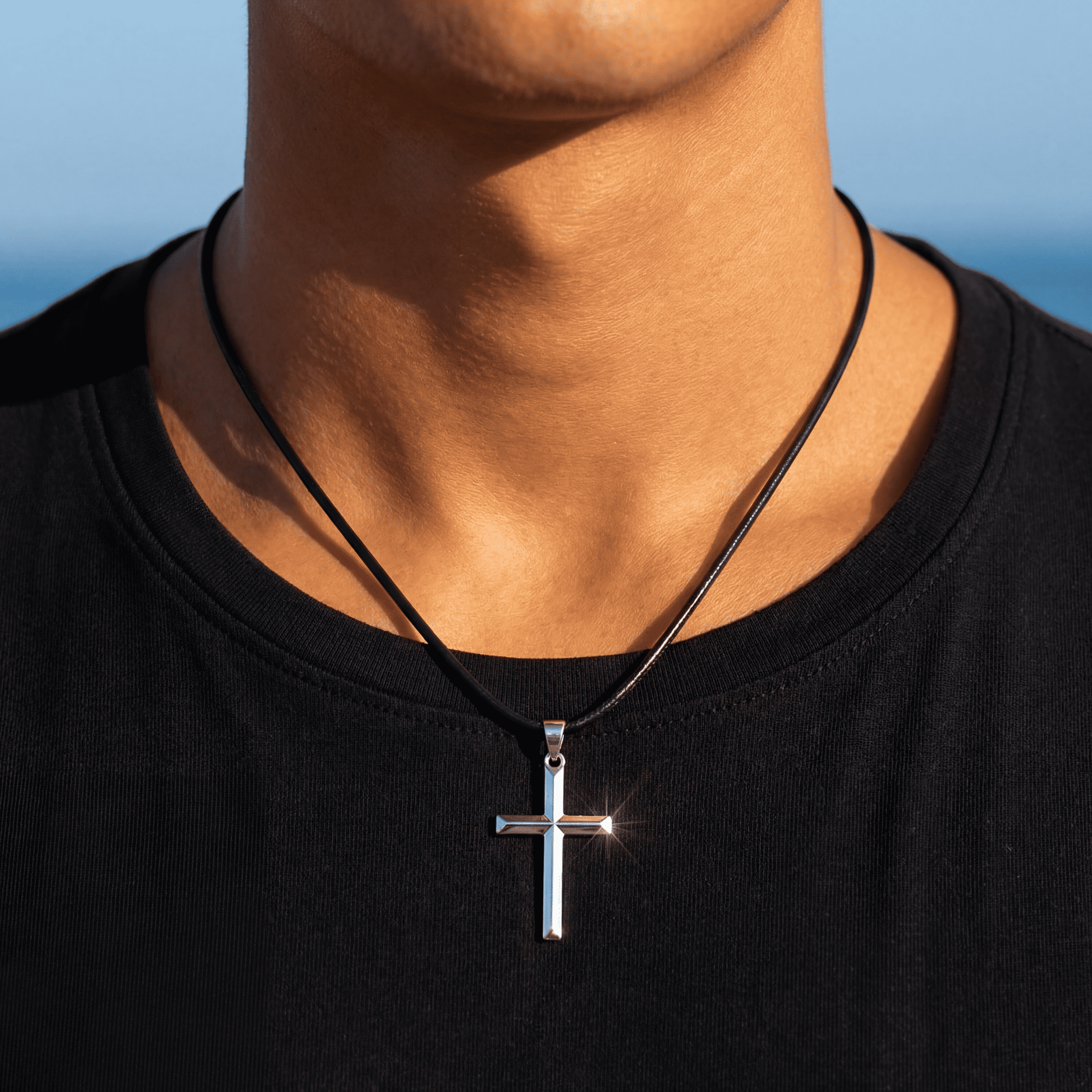 925S SILVER SCHWARZE LEDER "CROSS" KETTE - ICERAIN JEWELRY