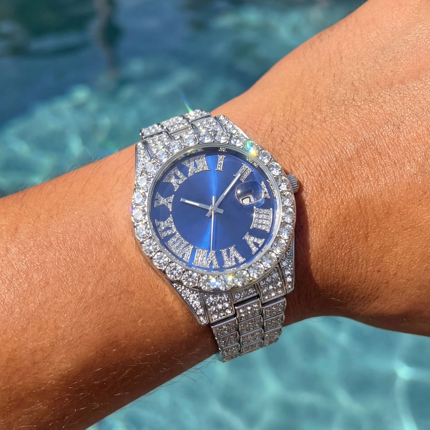 SALE | ICED OUT "SILVER/BLUE FRATELLO" UHR - ICERAIN JEWELRY