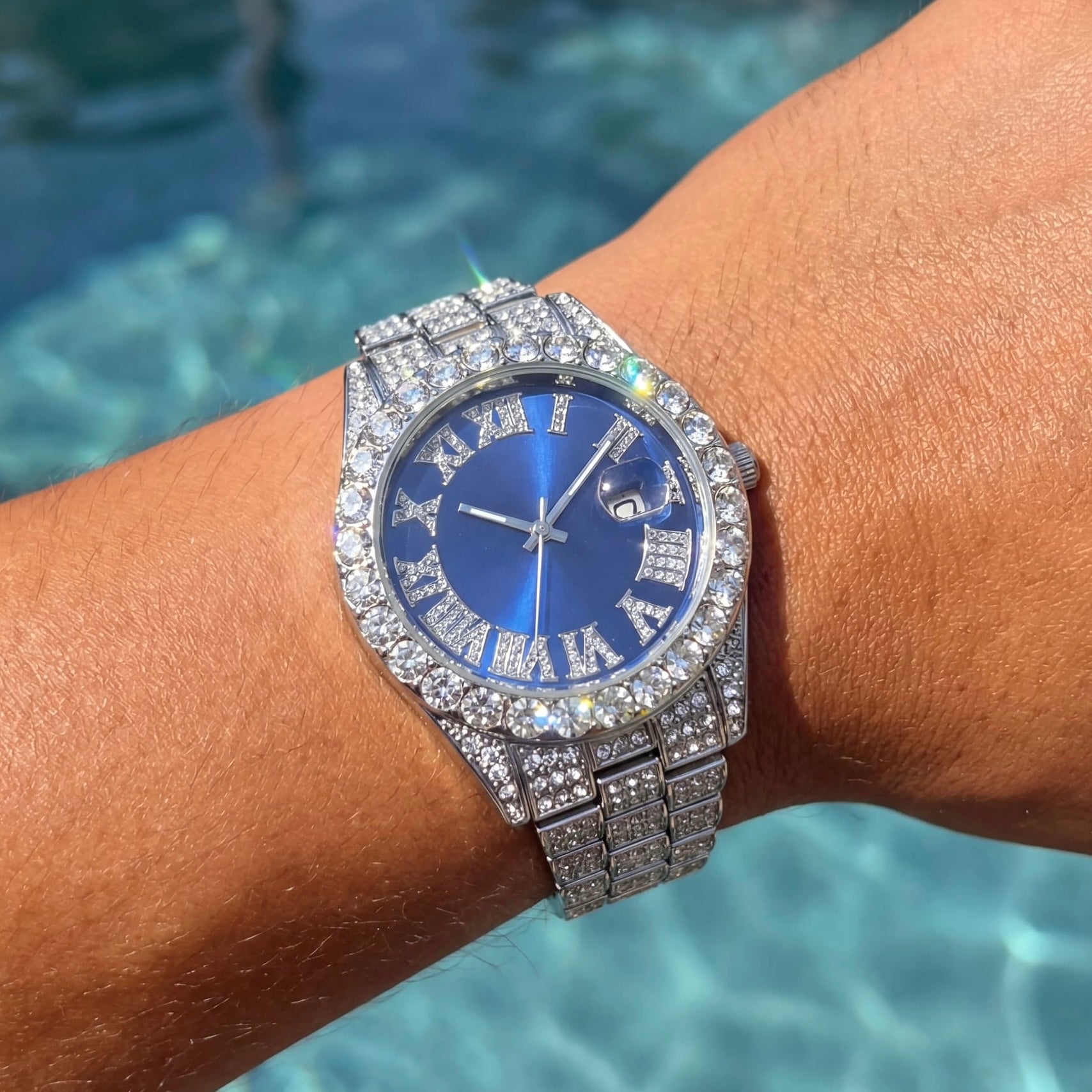 SALE | ICED OUT "SILVER/BLUE FRATELLO" UHR - ICERAIN JEWELRY