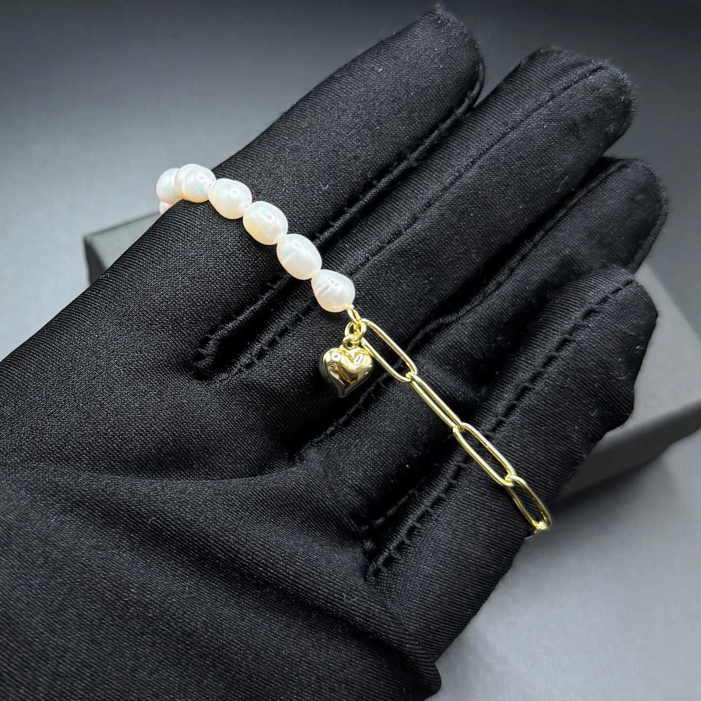 925S SILVER 14K GOLD "PEARL LINK HEART" ARMBAND - ICERAIN JEWELRY