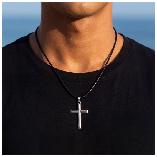 925S SILVER SCHWARZE LEDER "CROSS" KETTE - ICERAIN JEWELRY