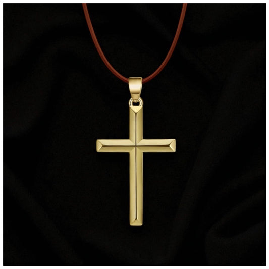 925S SILVER 14K GOLD BRAUNE LEDER "CROSS" KETTE - ICERAIN JEWELRY