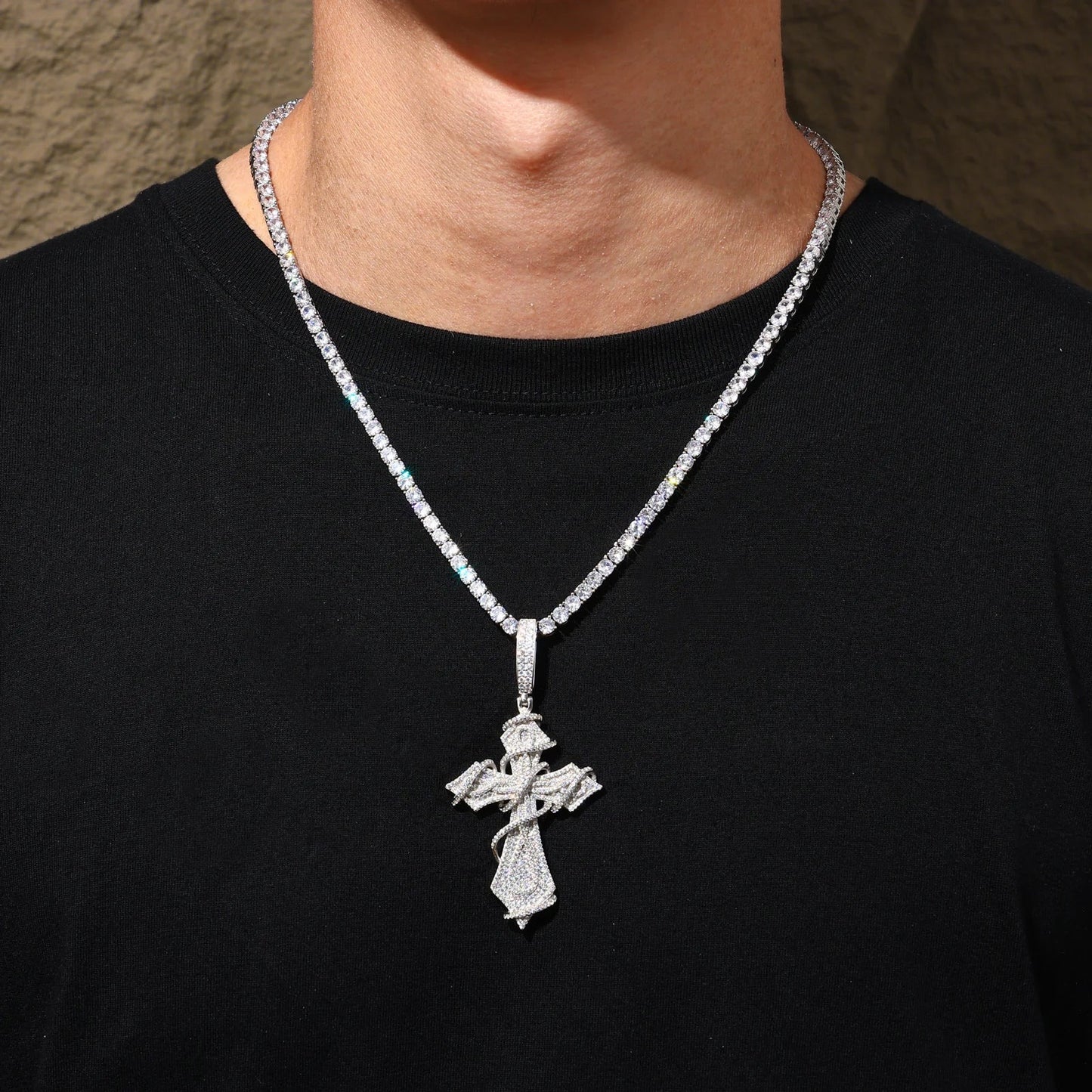 ICED OUT MOISSANITE "THORN CROSS" WEISSGOLD 925S SILVER KETTE