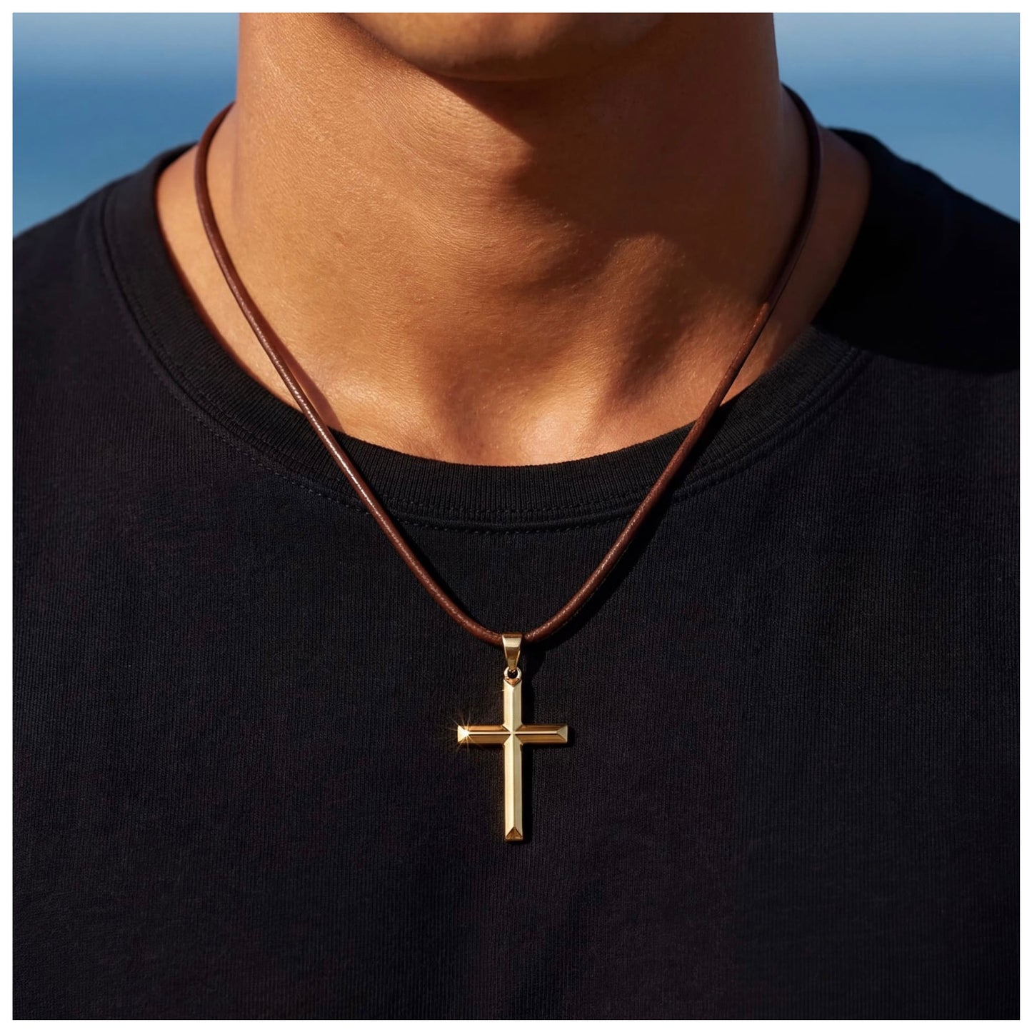 925S SILVER 14K GOLD BRAUNE LEDER "CROSS" KETTE - ICERAIN JEWELRY