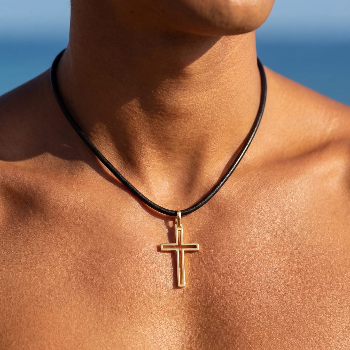 925S SILVER 18K GOLD SCHWARZE LEDER "CROSS V2" KETTE - ICERAIN JEWELRY