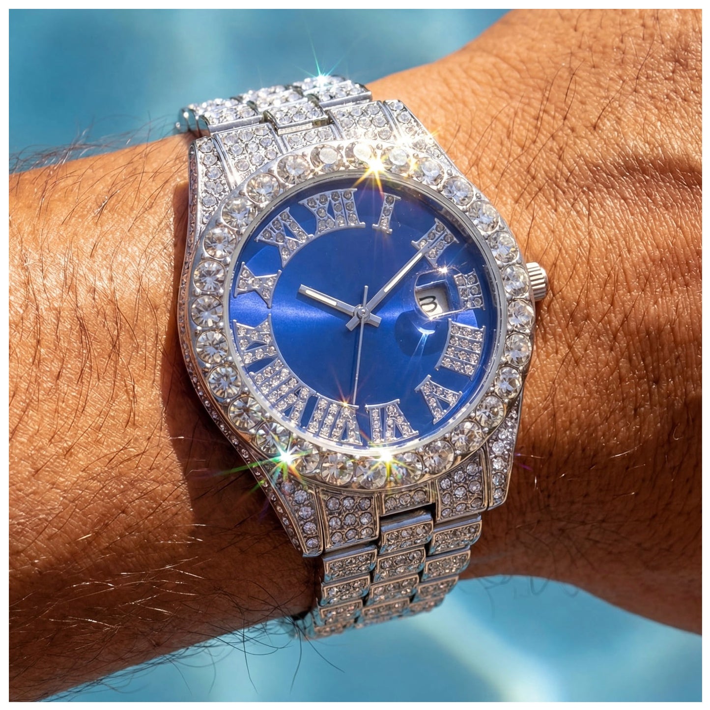 SALE | ICED OUT "SILVER/BLUE FRATELLO" UHR - ICERAIN JEWELRY