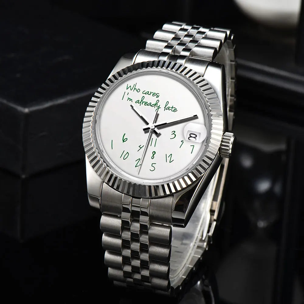 EDELSTAHL AUTOMATIK 36MM/39MM "WHO CARES I´M ALREADY LATE" UHR - ICERAIN JEWELRY