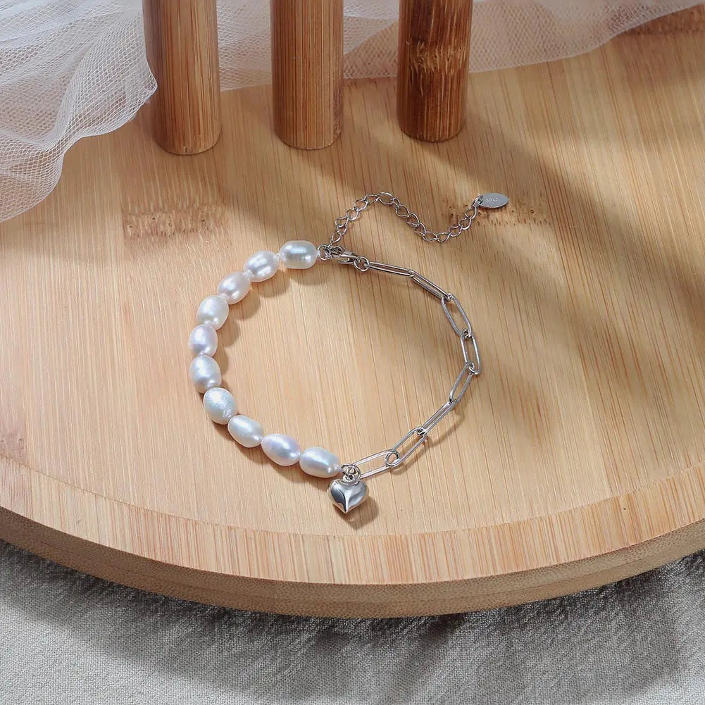 925S SILVER "PEARL LINK HEART" ARMBAND
