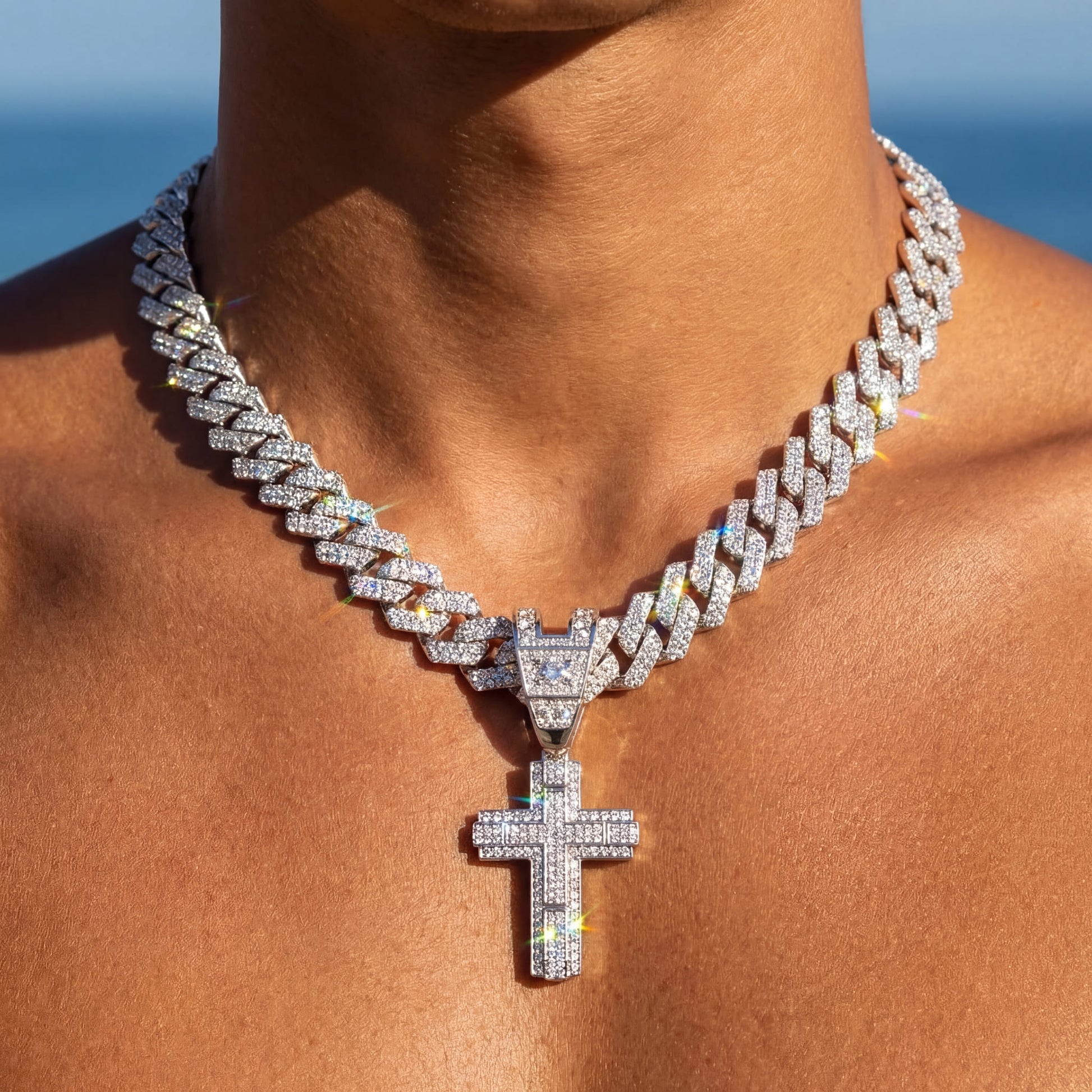SALE | ICED OUT 60CM "SILVER PRONG CUBAN CROSS" KETTE - ICERAIN JEWELRY