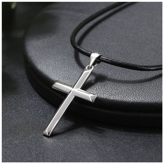 925S SILVER SCHWARZE LEDER "CROSS" KETTE - ICERAIN JEWELRY