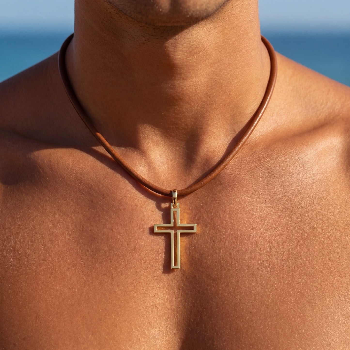 925S SILVER 18K GOLD BRAUNE LEDER "CROSS V2" KETTE - ICERAIN JEWELRY