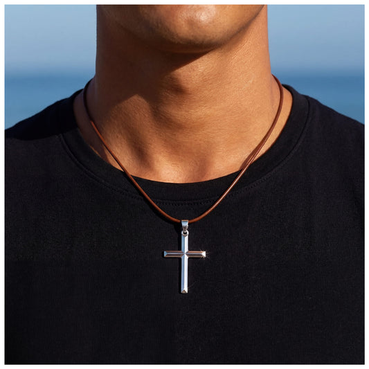 925S SILVER BRAUNE LEDER "CROSS" KETTE - ICERAIN JEWELRY