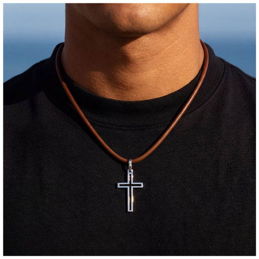 925S SILVER BRAUNE LEDER "CROSS V2" KETTE - ICERAIN JEWELRY