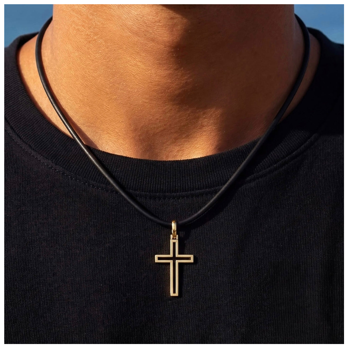 925S SILVER 18K GOLD SCHWARZE LEDER "CROSS V2" KETTE - ICERAIN JEWELRY