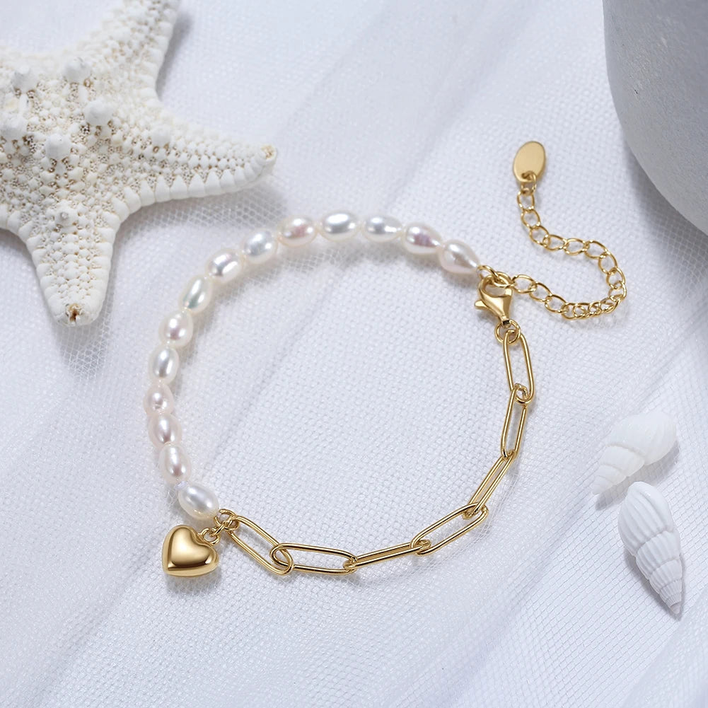 925S SILVER 14K GOLD "PEARL LINK HEART" ARMBAND