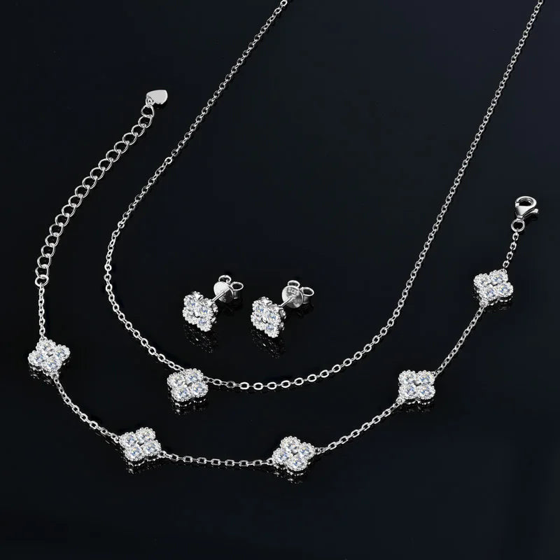 ICED OUT MOISSANITE 3-IN-1 "CLOVER" 925S SILVER SCHMUCKSET (HALSKETTE + ARMBAND + OHRRINGE) - ICERAIN JEWELRY