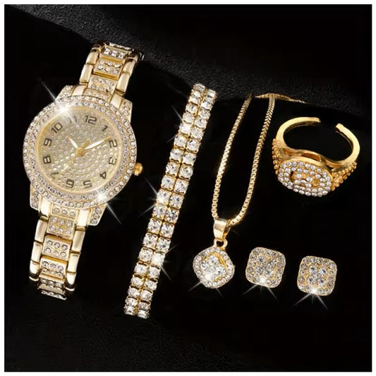 ICED OUT 6-IN-1 "GOLD TANTO" SCHMUCKSET (HALSKETTE + 2 ARMBAND + UHR + OHRRINGE + RING) - ICERAIN JEWELRY