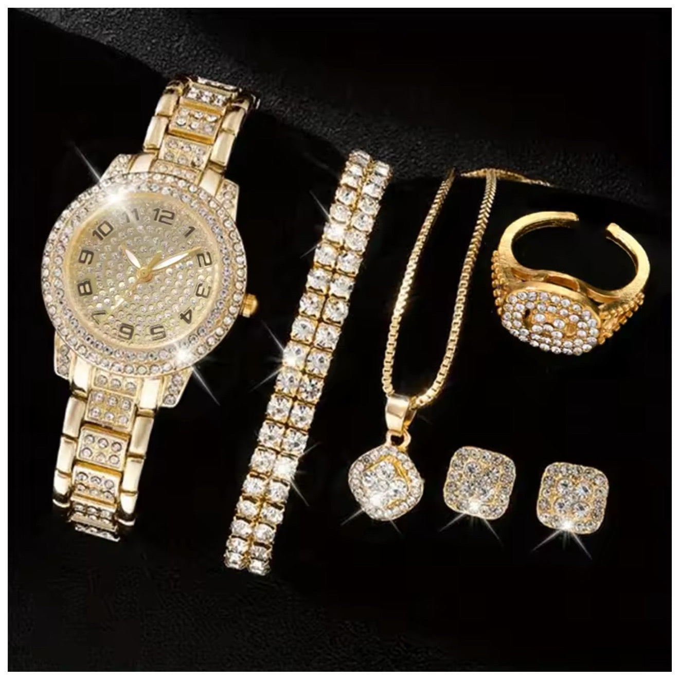 Luxus Iced Out 6-In-1 "Gold Tanto" Schmuckset (Halskette + 2 Armbänder + Uhr + Ohrringe + Ring) - ICERAIN JEWELRY