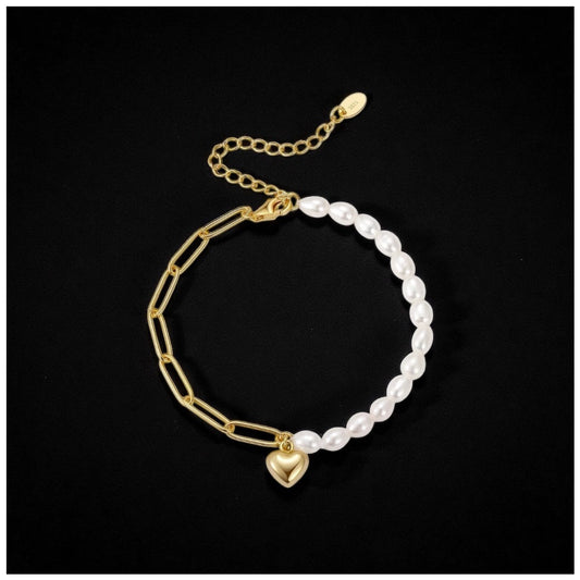 925S SILVER 14K GOLD "PEARL LINK HEART" ARMBAND - ICERAIN JEWELRY