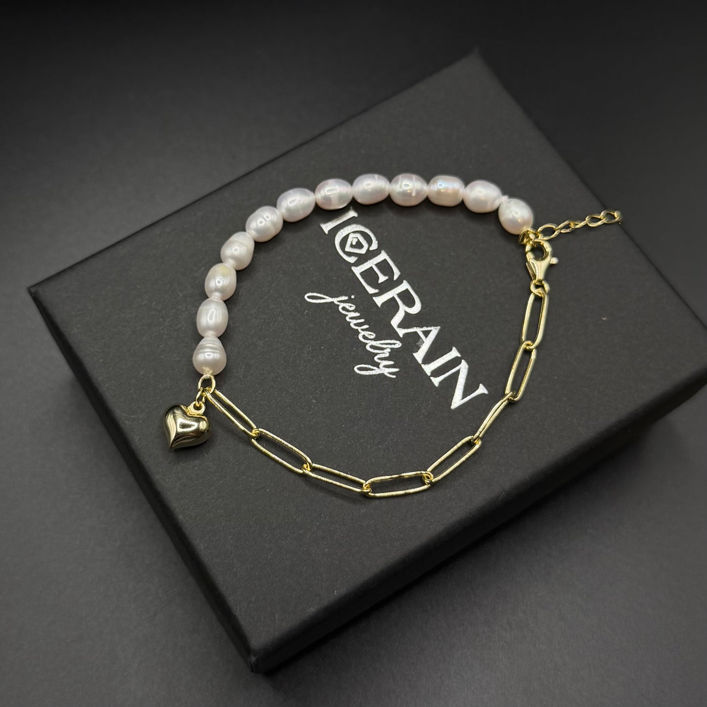 925S SILVER 14K GOLD "PEARL LINK HEART" ARMBAND - ICERAIN JEWELRY