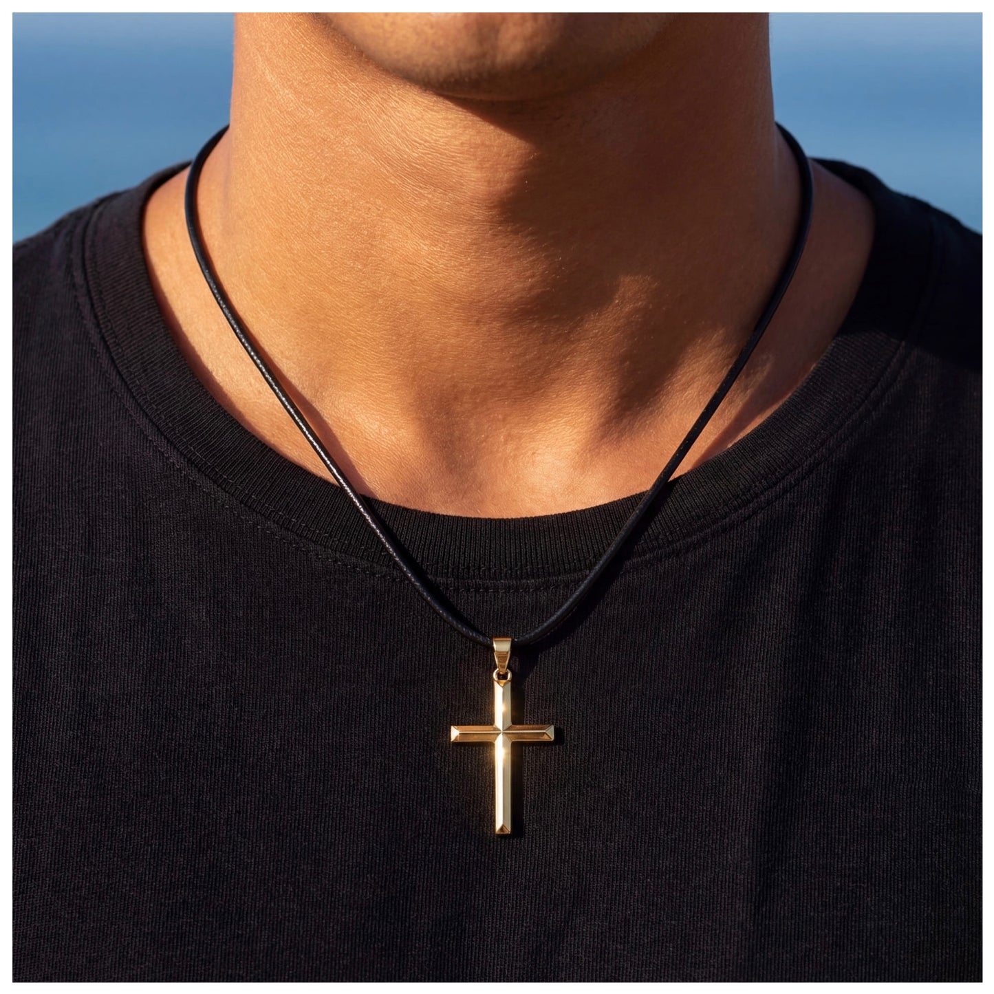 925S SILVER 14K GOLD SCHWARZE LEDER "CROSS" KETTE - ICERAIN JEWELRY