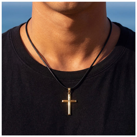 925S SILVER 14K GOLD SCHWARZE LEDER "CROSS" KETTE - ICERAIN JEWELRY