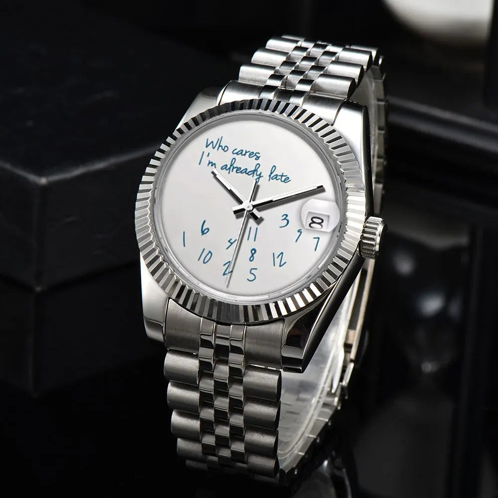 EDELSTAHL AUTOMATIK 36MM/39MM "WHO CARES I´M ALREADY LATE" UHR - ICERAIN JEWELRY