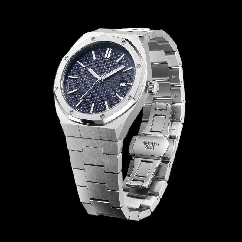 Luxus Designer Edelstahl Automatic "Midnight Blue Pattery" Uhr + Box + Armbandkürzer