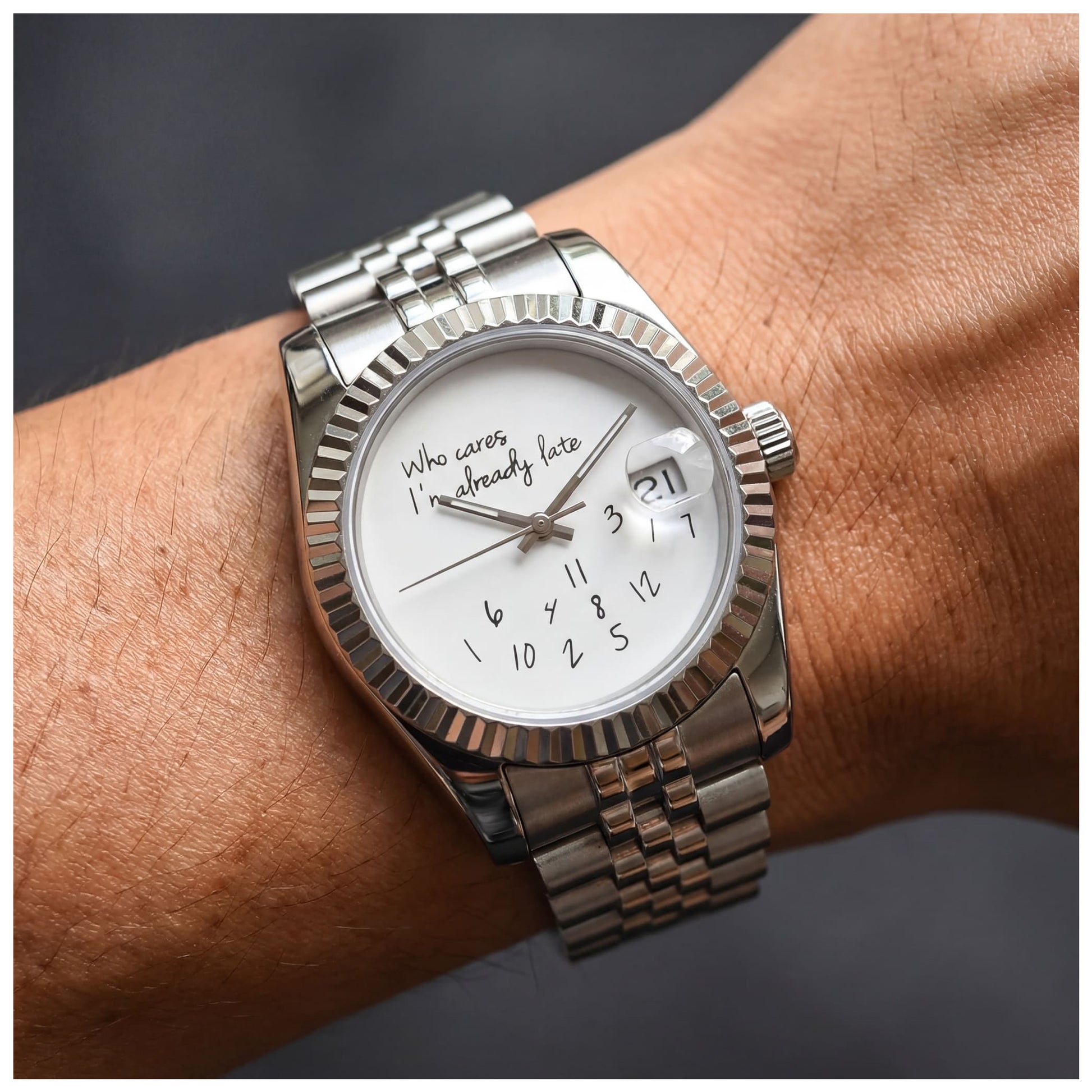 EDELSTAHL AUTOMATIK 36MM/39MM "WHO CARES I´M ALREADY LATE" UHR - ICERAIN JEWELRY