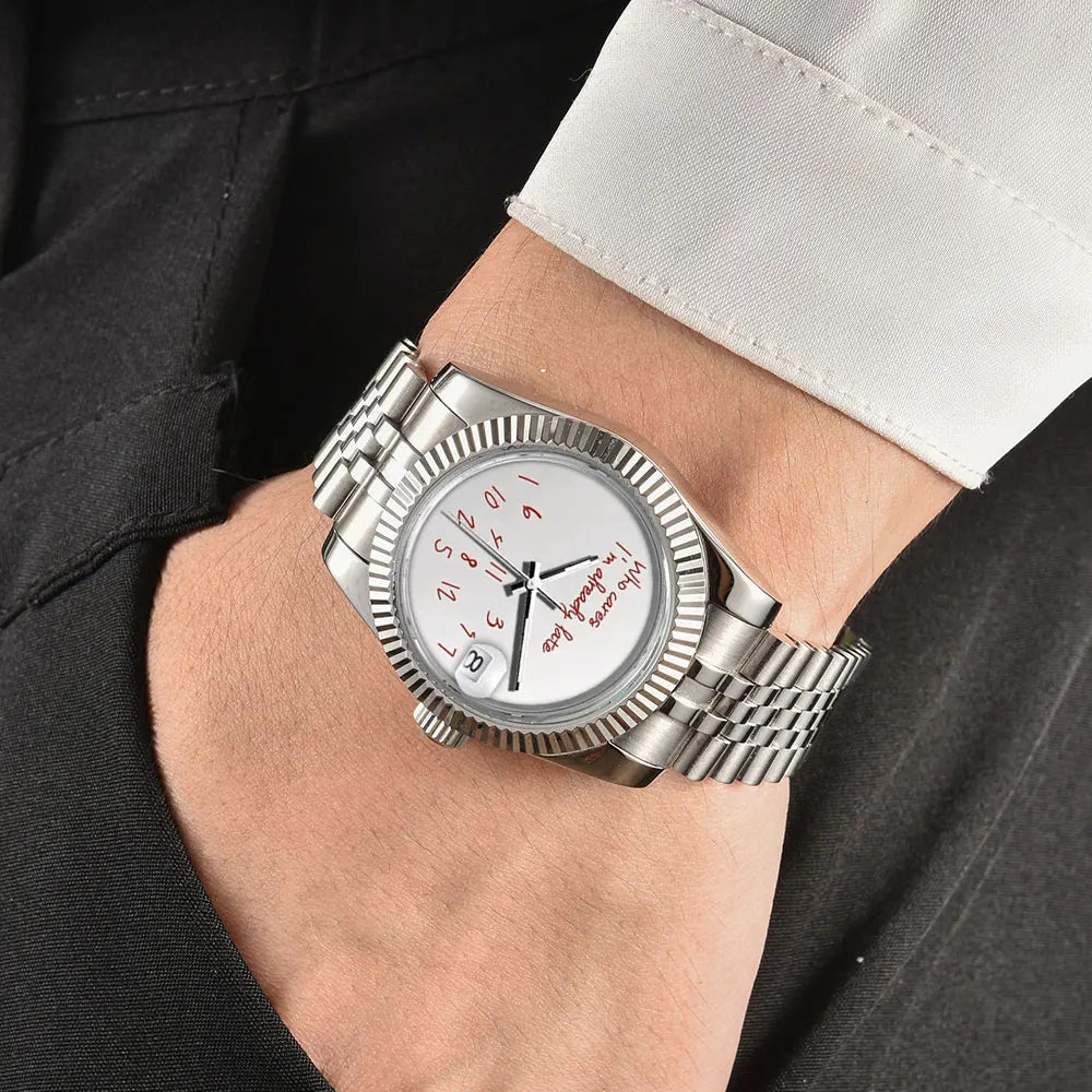 EDELSTAHL AUTOMATIK 36MM/39MM "WHO CARES I´M ALREADY LATE" UHR - ICERAIN JEWELRY