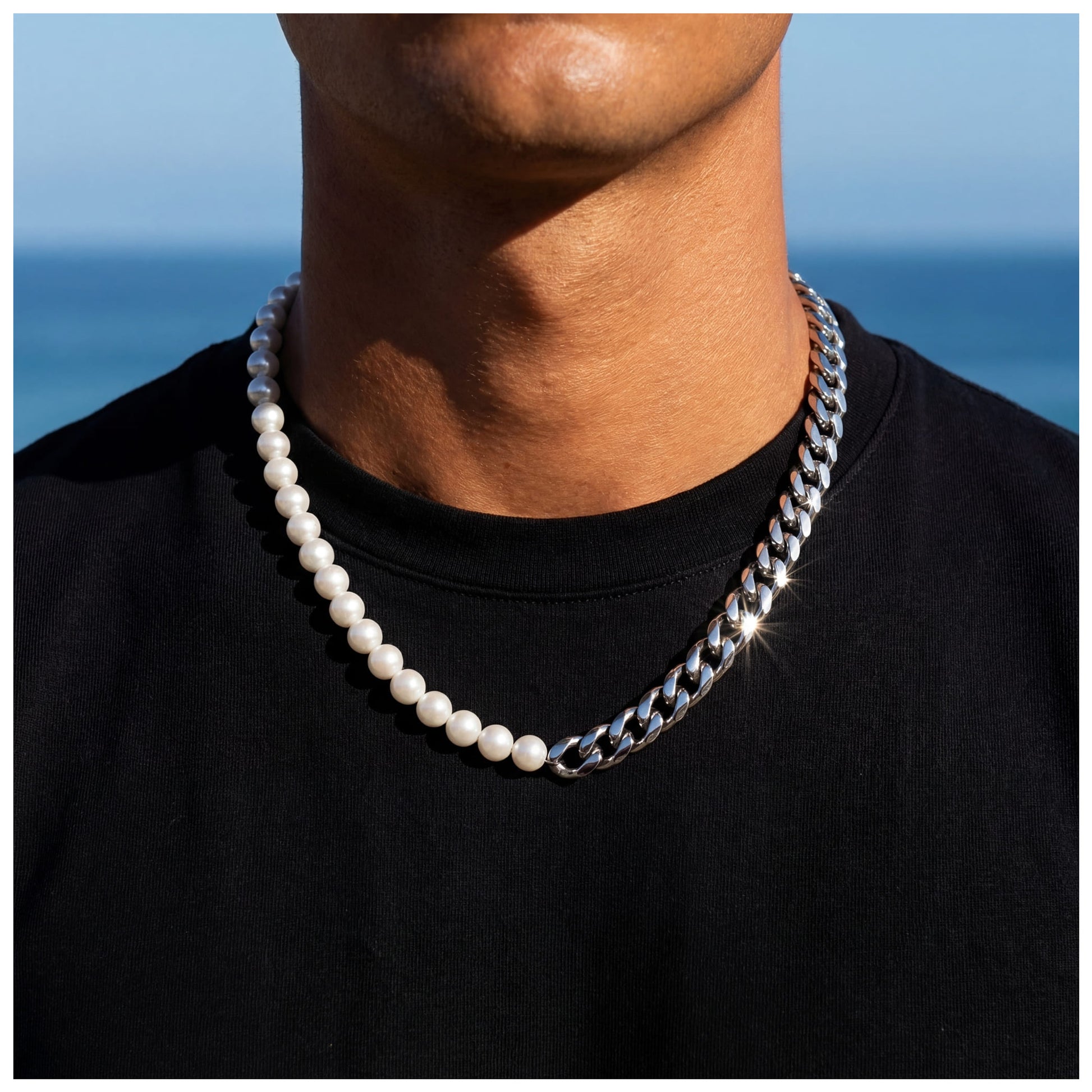 EDELSTAHL 10MM CUBAN/8MM PEARL "TRIP" KETTE - ICERAIN JEWELRY