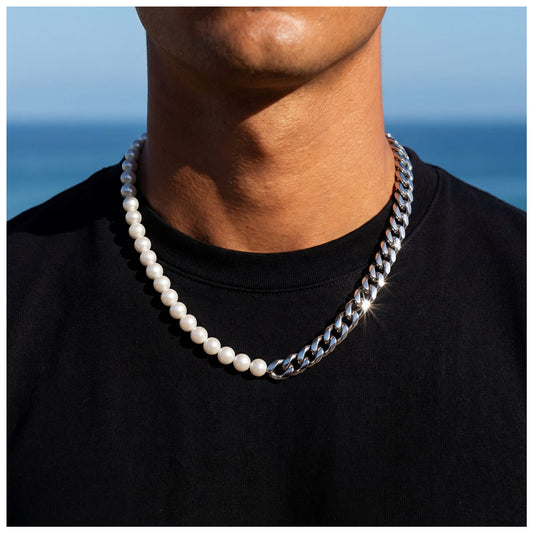 EDELSTAHL 10MM CUBAN/8MM PEARL "TRIP" KETTE - ICERAIN JEWELRY