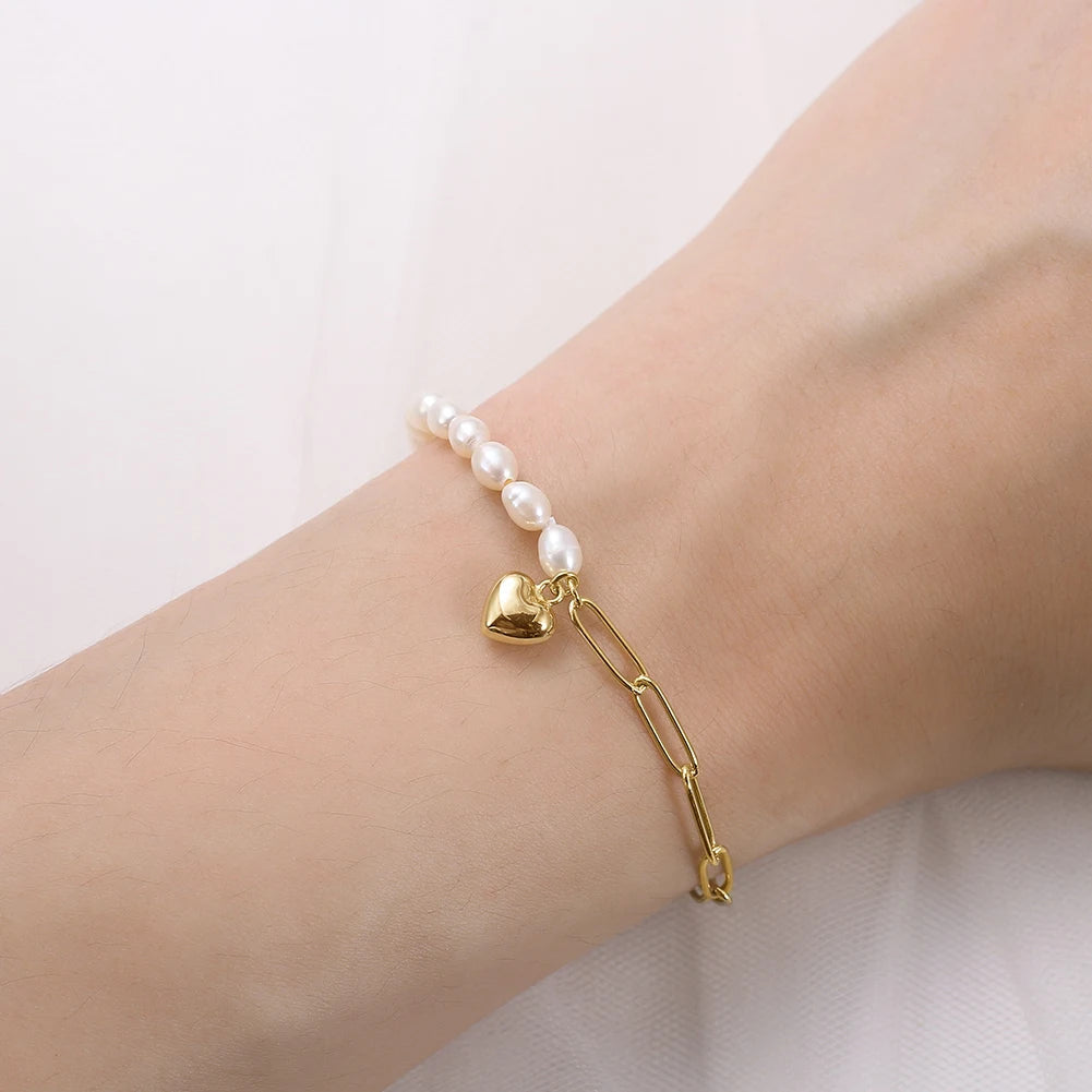 925S SILVER 14K GOLD "PEARL LINK HEART" ARMBAND
