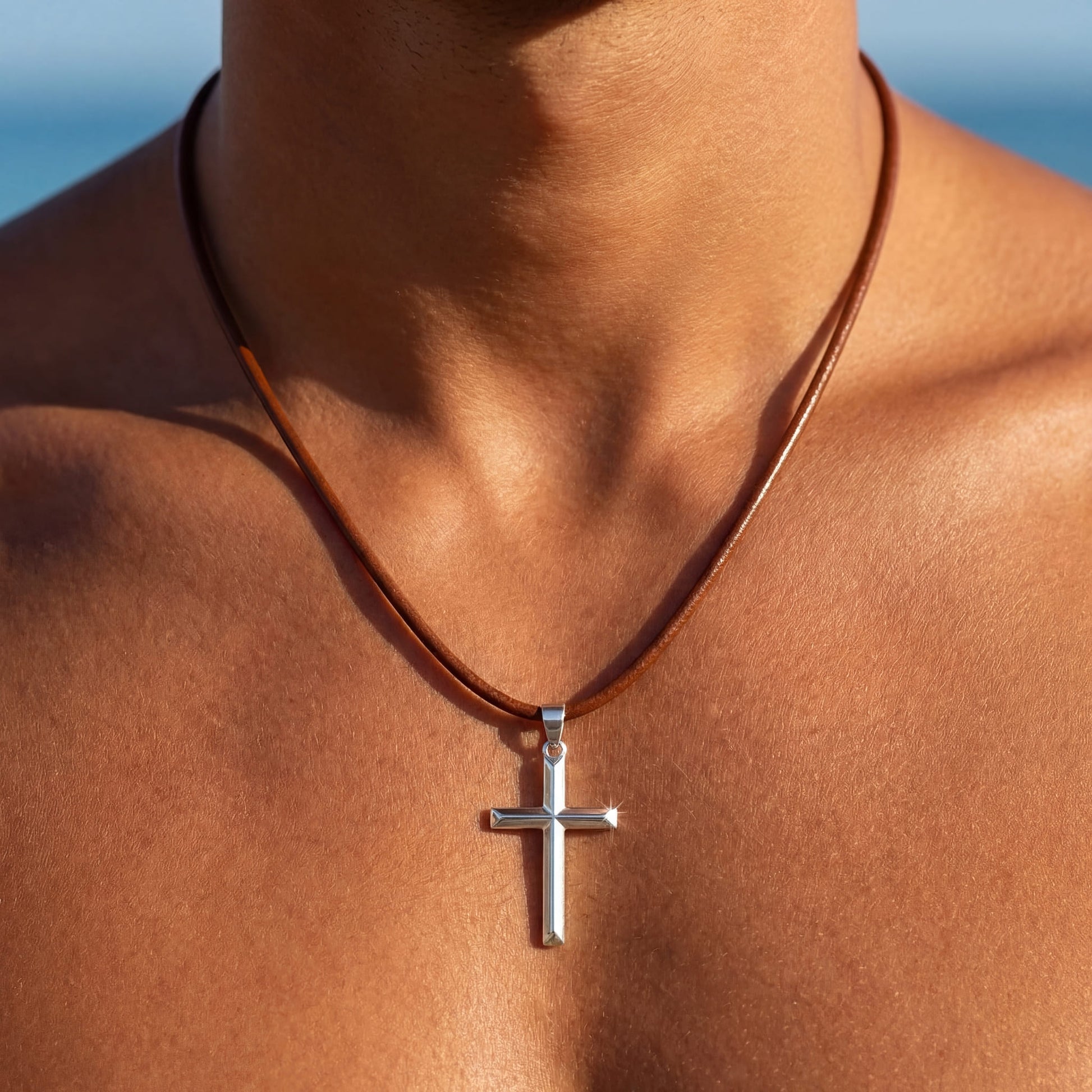 925S SILVER BRAUNE LEDER "CROSS" KETTE - ICERAIN JEWELRY