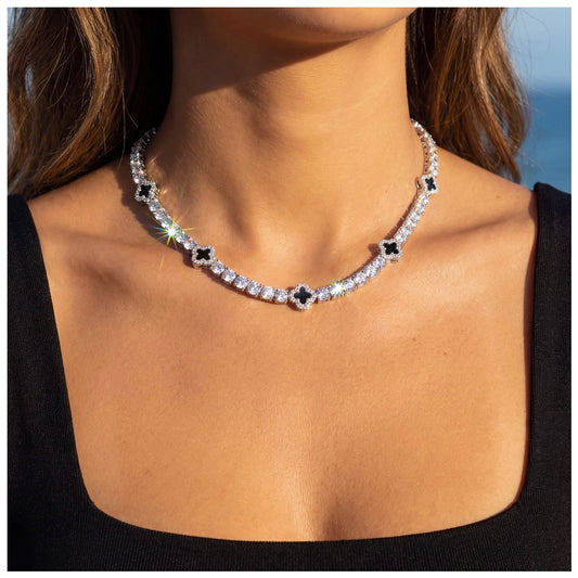 SALE | ICED OUT 45CM "BLACK CLOVER TENNIS" KETTE - ICERAIN JEWELRY