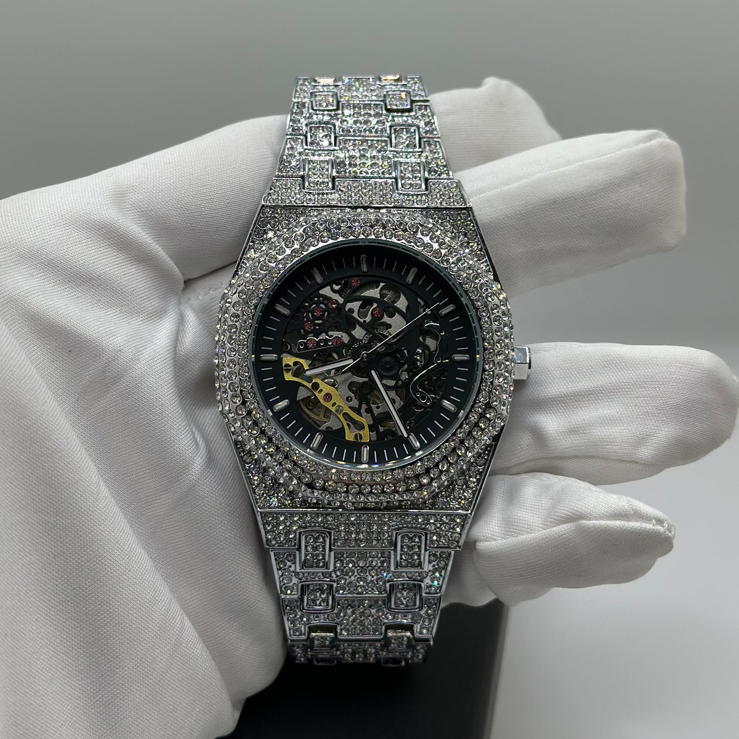 Luxus Designer Iced Out Automatic "Scheletro" Uhr + Box + Armbandkürzer - ICERAIN JEWELRY