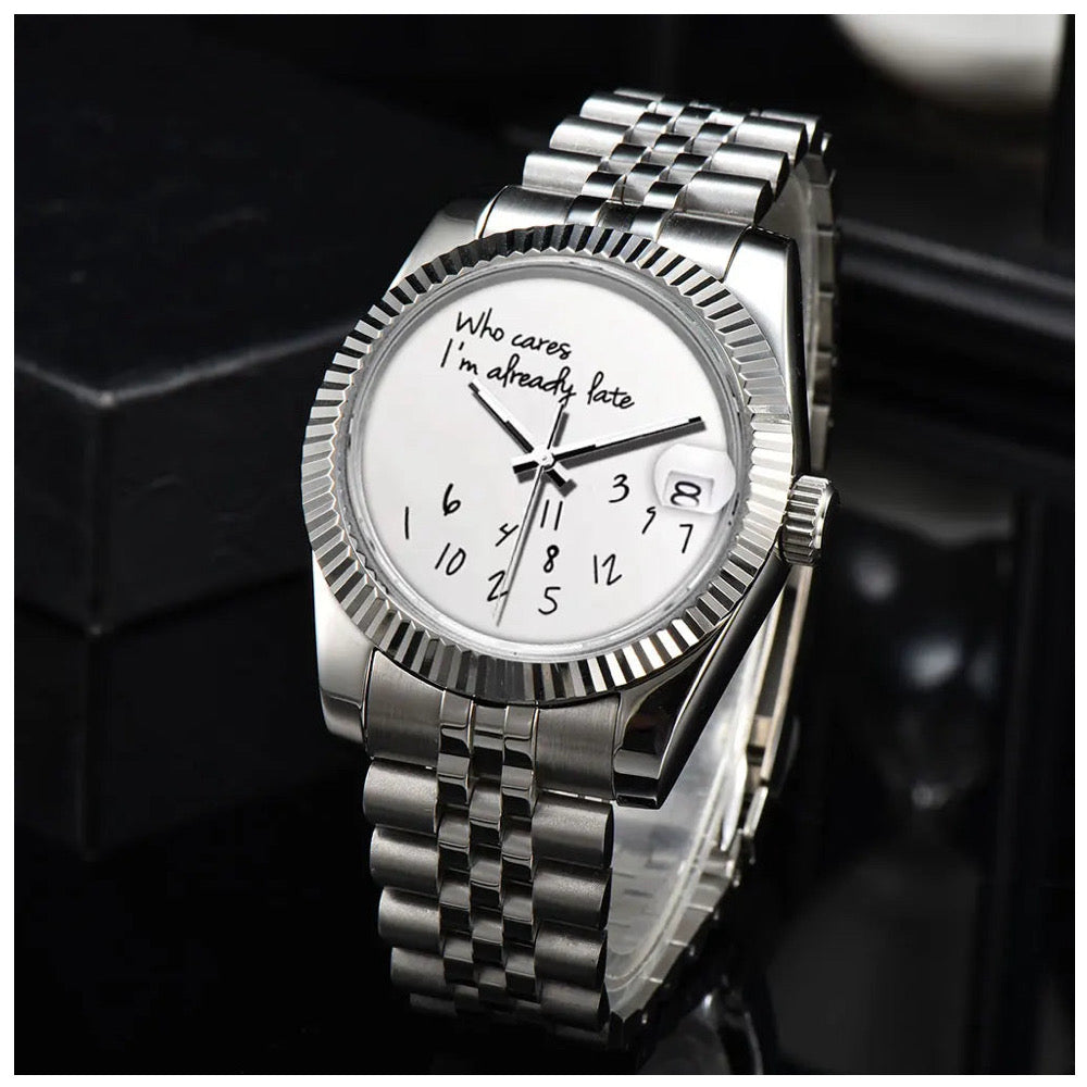 EDELSTAHL AUTOMATIK 36MM/39MM "WHO CARES I´M ALREADY LATE" UHR - ICERAIN JEWELRY