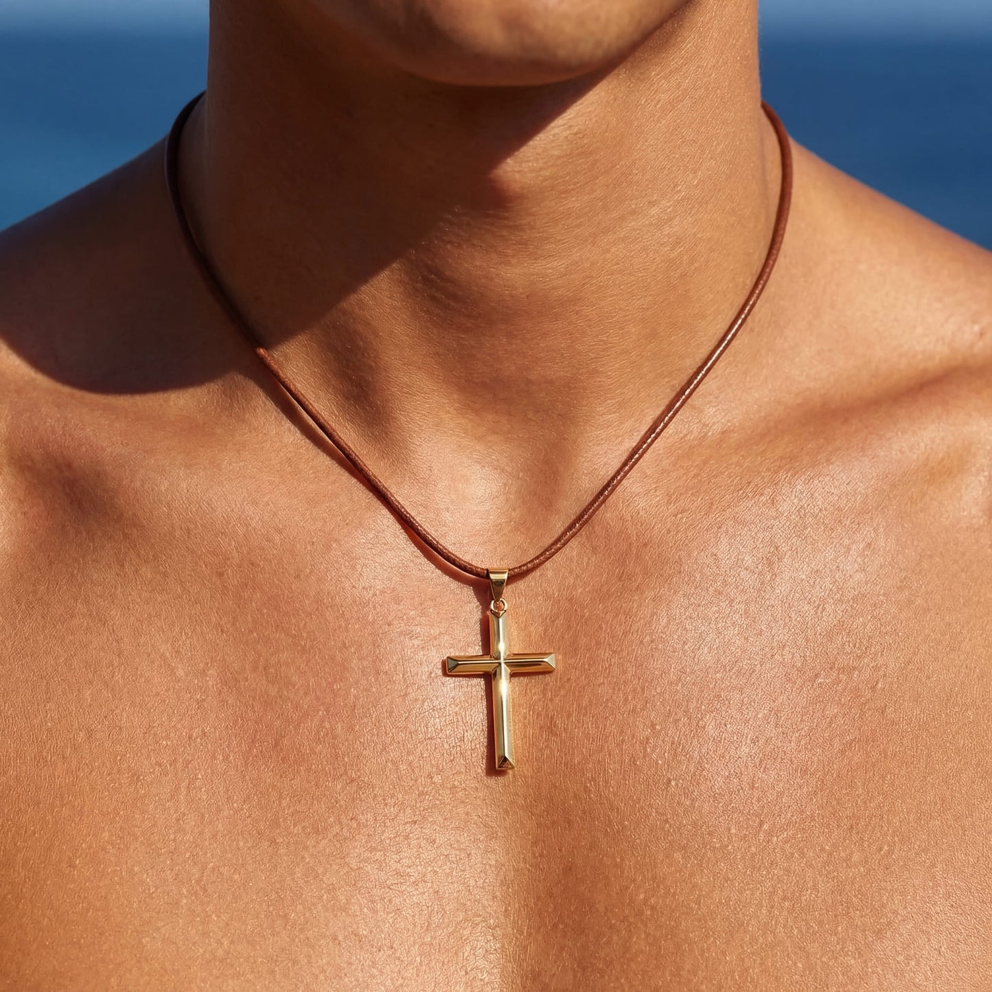 925S SILVER 14K GOLD BRAUNE LEDER "CROSS" KETTE - ICERAIN JEWELRY