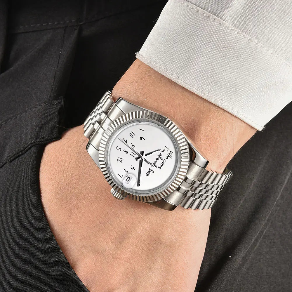 EDELSTAHL AUTOMATIK 36MM/39MM "WHO CARES I´M ALREADY LATE" UHR - ICERAIN JEWELRY
