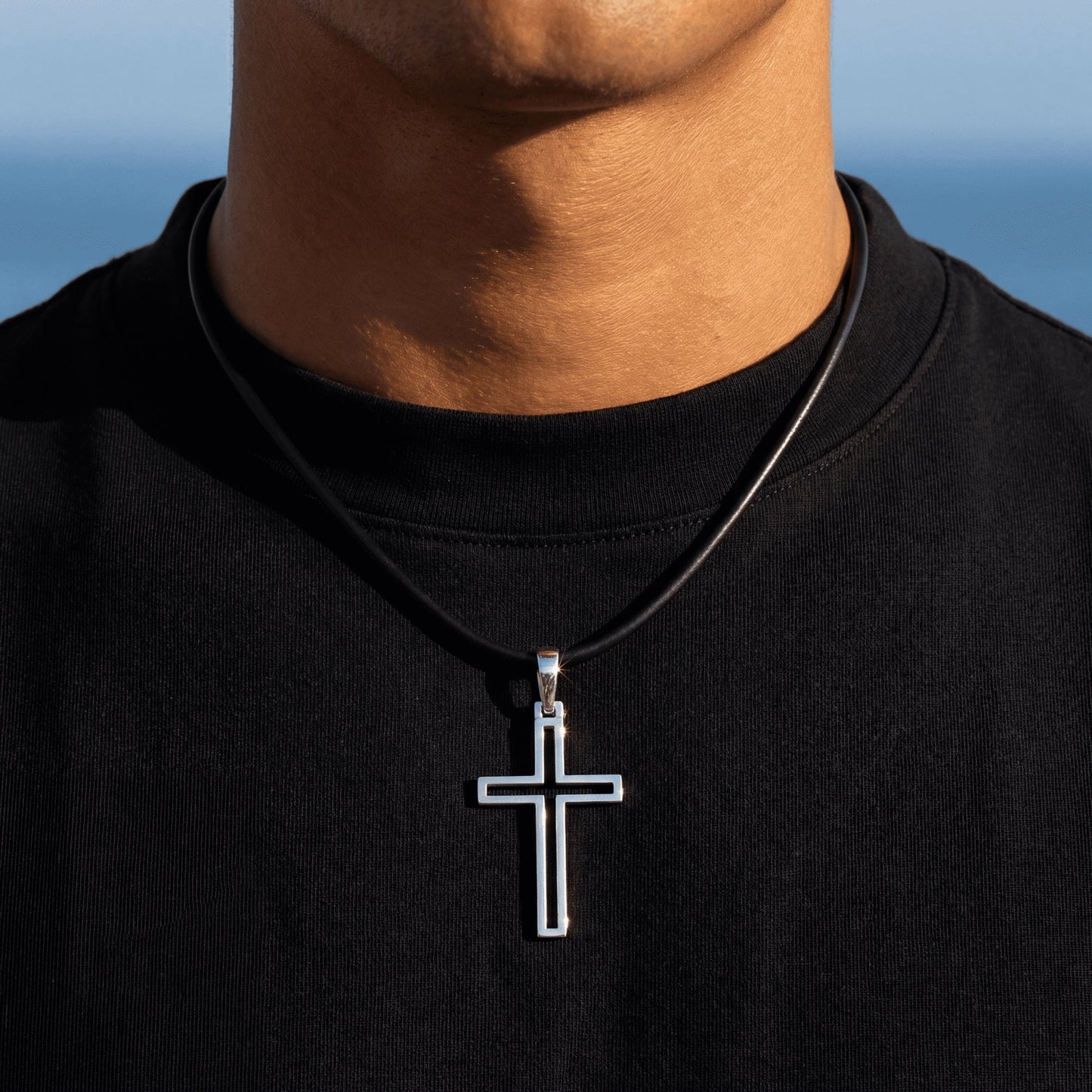 925S SILVER SCHWARZE LEDER "CROSS V2" KETTE - ICERAIN JEWELRY