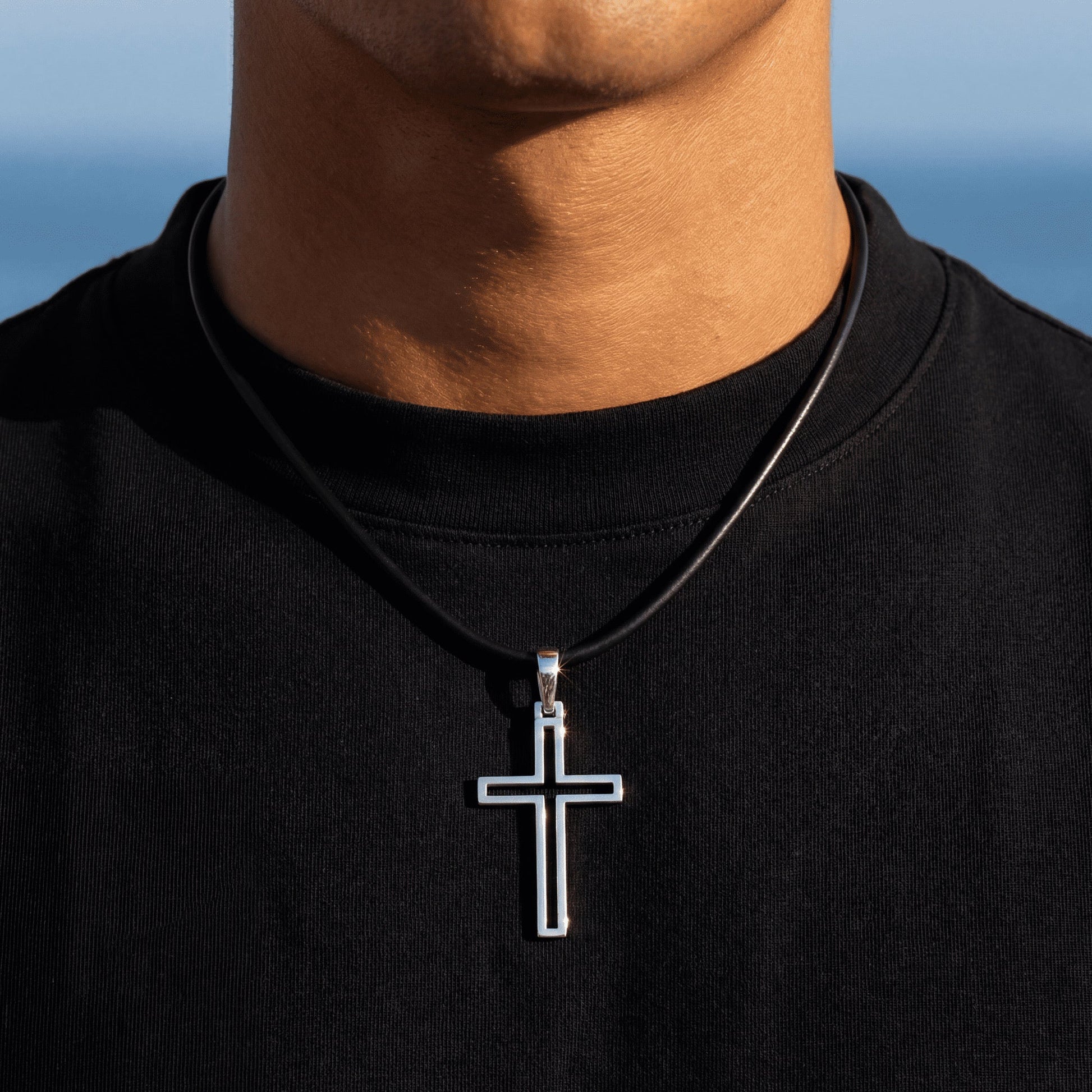 925S SILVER SCHWARZE LEDER "CROSS V2" KETTE - ICERAIN JEWELRY