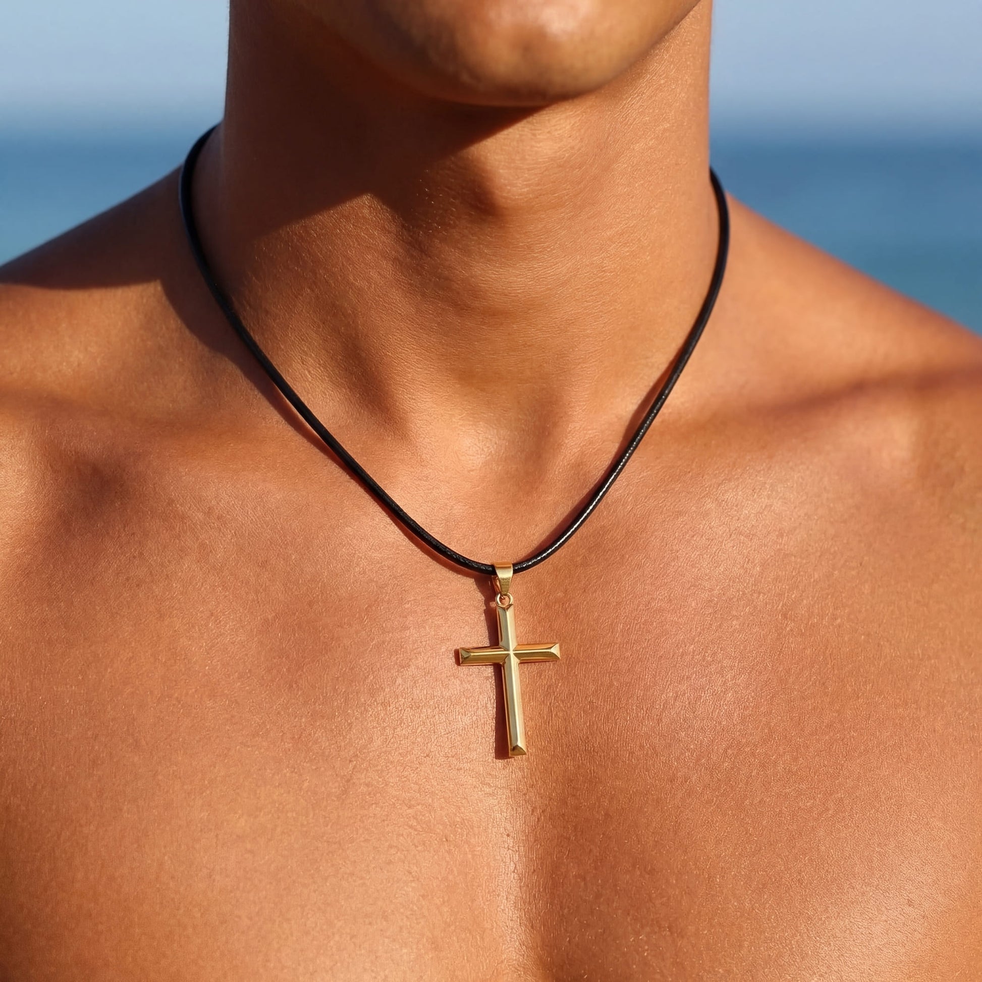 925S SILVER 14K GOLD SCHWARZE LEDER "CROSS" KETTE - ICERAIN JEWELRY