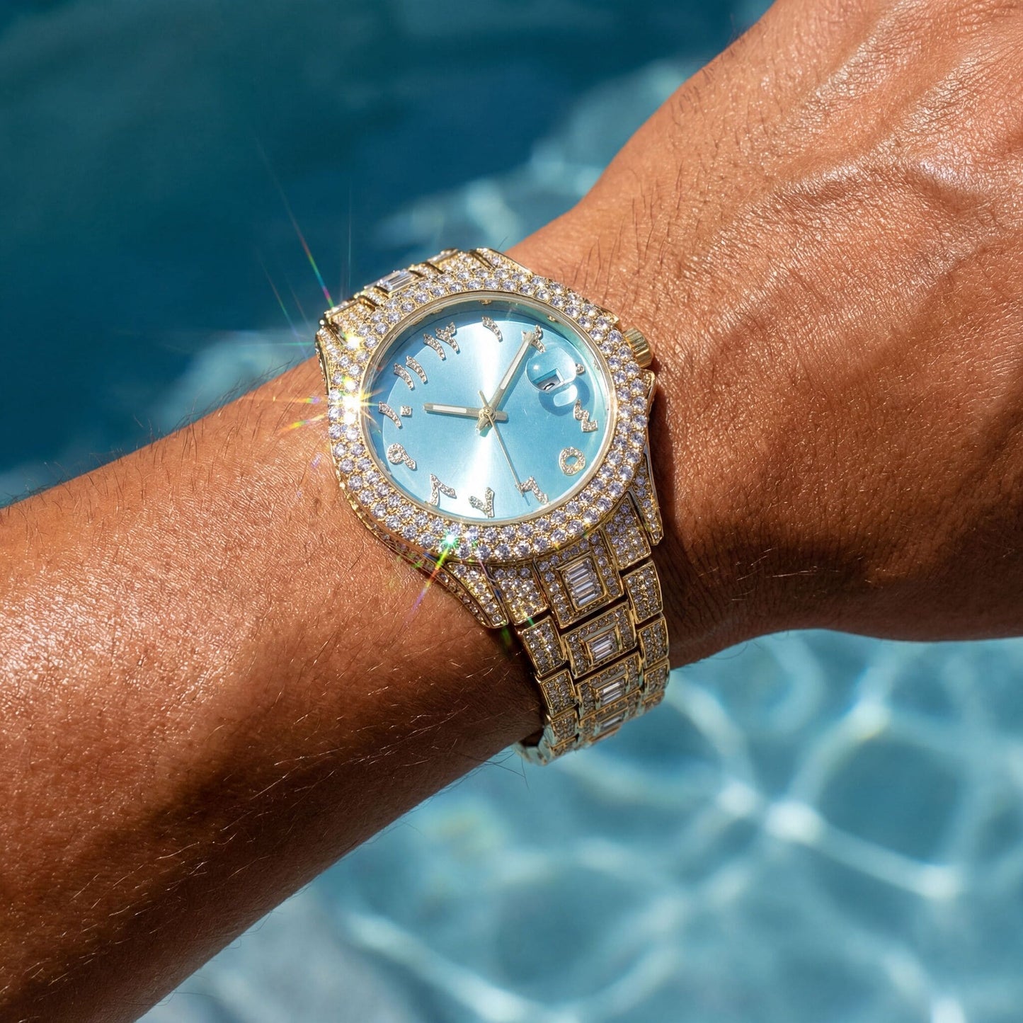 SALE | ICED OUT "GOLD/SKYBLUE ARABIC" UHR - ICERAIN JEWELRY