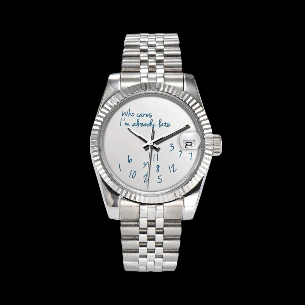 EDELSTAHL AUTOMATIK 36MM/39MM "WHO CARES I´M ALREADY LATE" UHR - ICERAIN JEWELRY