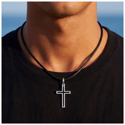 925S SILVER SCHWARZE LEDER "CROSS V2" KETTE - ICERAIN JEWELRY
