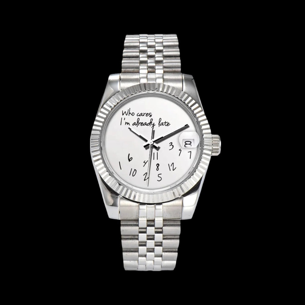 EDELSTAHL AUTOMATIK 36MM/39MM "WHO CARES I´M ALREADY LATE" UHR - ICERAIN JEWELRY